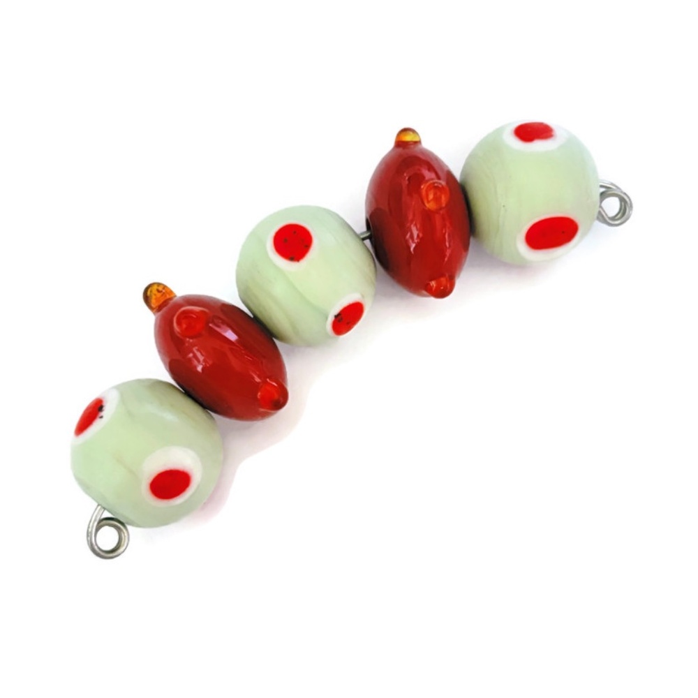 As Low As $2 Light Mint & Brick Red Handmade Lampwork Artisan Rondelle Beads (5)